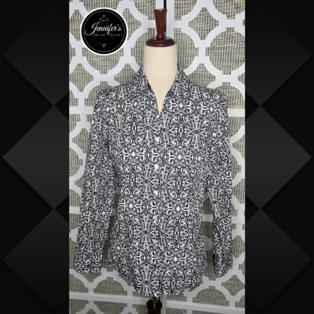 Christopher & Banks Black White Scroll Print Button Front Blouse Size Medium